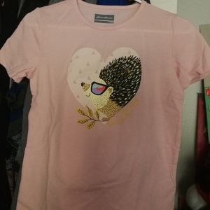 Eddie Bauer pink short sleeve shirt with cute hedgehog wearing sunglasses
